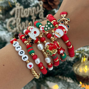 Salircon 6 Pcs Cute Christmas Series Santa Claus Snowflake Tree Pendant Bracelet Women New Year Bangles Xmas Party Jewelry Gifts
