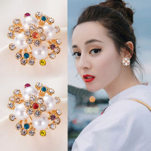 New Fashion Pearl And Colored Diamond Earrings Womens Elegant Sweet Retro Large Statement Ear Studs Alloy Plated Silver Gold