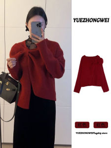 Red Butterfly Knot Sweater Womens Style Knitted Top for New Year Christmas Autumn Winter Design Sense Casual Commute Wear