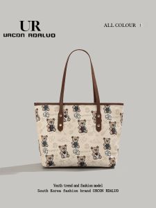UR Cute Bear Print Tote Bag Womens New 2025 Large Capacity Underarm Bag for Class Handbag British Style Canvas Shopping Bag