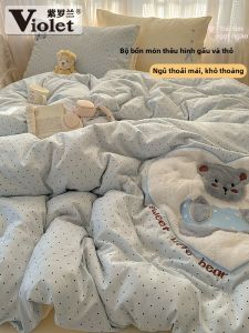 Violet | Cream Cartoon Rabbit Fur Applique Quilting Four-Piece Set