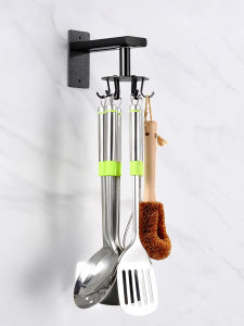 Kitchen Wall-Mounted Rotating Hook Pot Spoon Holder Aluminum Storage Rack No-Drilling Required Utensil Organizer Holder
