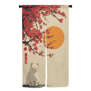 VIKAMA Hoa Anh Đào Nhật Bản Mèo Trắng Rèm Cửa Chống Nắng Đỏ Sakura Cam Sunbeam Kawaii Kitty Ukiyo-E Phong Cách Linen Noren Vải Không Dệt Mềm Mại 240gsm