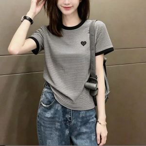 Korean Style Grey-Black Striped Loose Matching Embroidered Women T-Shirt