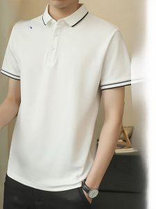 ROMON | Loose Fit Ice Silk Polo Shirt Short Sleeve Turn-down Collar Summer Thin Mens T-shirt Business Casual Cotton Polyester Blend