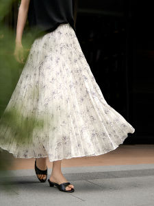 Line Drawing Iris Elegant Printed Pleated Elastic Waist Half Skirt
