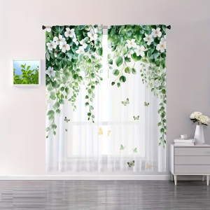 2PCS Watercolor Green Vine & White Floral Sheer Curtains - Lush Botanical Window Drapes with Butterflies