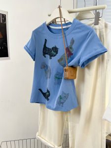 Blue Cartoon Animal Print Pure Cotton Short Sleeve T-Shirt Womens Summer Loose Top Shoulder Width Regular round Neck Design