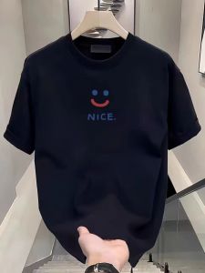 American Style Heavyweight Pure Cotton Short Sleeve T-Shirt Mens Smiley Face Short T Summer Small Collar Trendy Loose Large Size Top