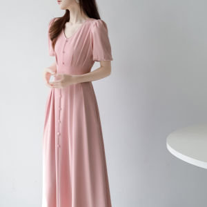 High Quality V-neck Bubble Sleeve Long Dress Slimming Waist Commute Style Pure Color A-line Skirt Short Sleeve Summer Dress