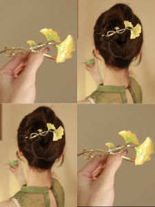 กิ๊บติดผมรูปใบไม้ Ginkgo Biloba สไตล์จีนใหม่สำหรับผู้หญิง ทรงหน้าตรง ดีไซน์หรูหรา ด้านหลังศีรษะ เครื่องประดับผมแบบหมุนได้