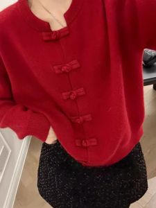 Red Knitted Open Cardigan Womens Fashion Spring Autumn New Years Style Button Design Traditional Chinese National Style Knitwear