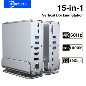 Kebidumei | Vertical Docking Stations 15-in-1 USB Docking Station TYPE C Hubs with Triple Monitor HDMI 4K60Hz/RJ45 1000M/USB3.0/PD100W