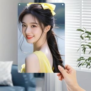 2D Flat Metal Sign - Elegant Woman Portrait Yellow Hair & Bow Durable Iron Wall Art for Home Bar Cafe Bedroom