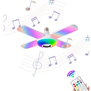 E27 50W Bluetooth Speaker Deformable Ceiling Light 4 Blades RGB LED Fan Bulb Lamp Foldable Adjustable Studio Garage Workshop Home Office