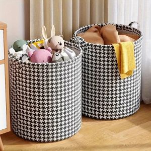 Foldable Houndstooth Laundry Hamper Modern Fabric Storage Basket with Handle Versatile for Bedroom Bathroom Living Room