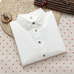 เสื้อเชิ้ตแขนยาวผู้หญิงคอตตอนหลวมสไตล์เกาหลีฤดูใบไม้ร่วง ทรงเข้ารูป กระดุมไม้ สไตล์นักศึกษา เสื้อชั้นใน