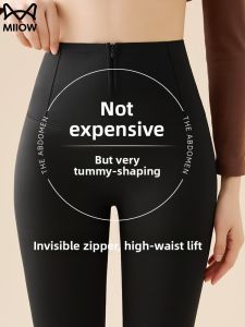 Miiow | Thickened Fleece High Waist Yoga Pants Womens Warm Winter Shark Pants Button Detailing Butt Lifting Grey Color Casual Long Trousers