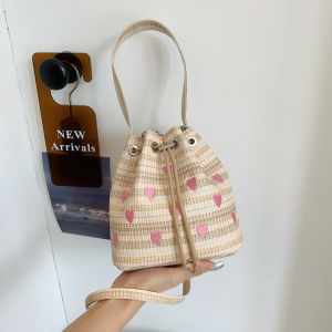 Merria Bucket Bag with Heart Pattern Pure Color Soft Surface Tape Closure Crossbody Shoulder Bag for Youth Casual Use