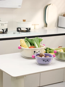 [SG Stock] Cute Double Layer Drain Basket Kitchen Colander Fruit Washing Bowl Vegetable Strainer Food Storage Container