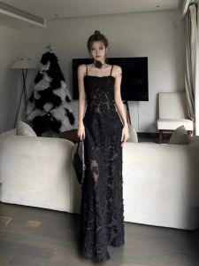 Black See-through Strapless Slim-fit Holiday Dress Pure Desire Spring Summer Womens Long Dress High Waist A-line Skirt
