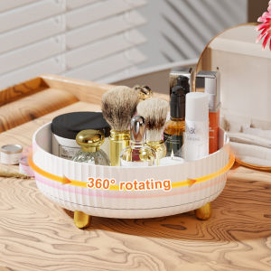 1pc Large Capacity 360-Degree Rotating Makeup & Perfume Organizer - Sleek Black Vanity Storage Tray with Golden Accents