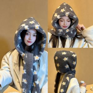Korean Style Floral Plush Hat Scarf One-Piece Thick Warm Overhead Womens Winter Ear Protection Cold Proof Hooded Neck Warmer