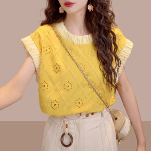 Shalldoer | Retro Style Yellow Round Collar Lace Hollow Fly Sleeve Patchwork Contrast Shirt
