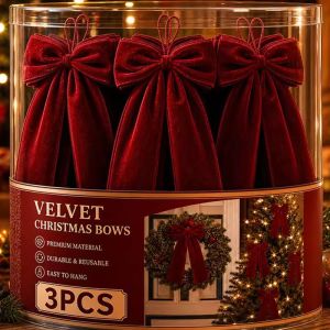 3pcs Christmas Tree Big Red Velvet Bowknot / Vintage Christmas Bow Pendant Ornaments / DIY Bowknot Hanging Pendant / for Christmas Tree Topper Garland Mantel Gift Wrapping Decor