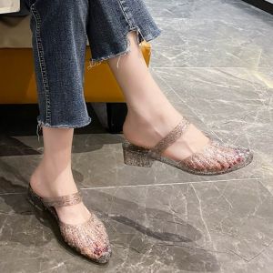 Dép Xỏ Ngón Mùa Hè Đế Phẳng PVC Đính Pha Lê Trong Suốt Hở Mũi Cho Nữ Đi Ngoài Trời Dép Xỏ Ngón Đế Cao Gót Hở Mũi