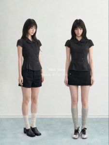 ARCG | Black Puff Sleeve Short Sleeve Petite Babydoll Fit and Flare Shirt