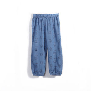 Girls Summer Thin Nine-Piece Ice Silk Lyocell Denim Pants Mosquito-Resistant Childrens Long Trousers High Waist Cotton Polyester