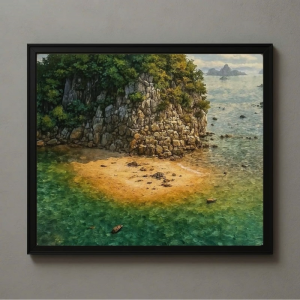 Tranh Nghệ thuật "Hòn Núi Và Bãi Biển Vịnh Hạ Long" VIETSMART ART - Sơn dầu trên toan vải 60 x 70cm