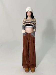 Celana Corduroy Wide Leg Wanita Kulot Tinggi Pinggang Free Size Warna Kopi