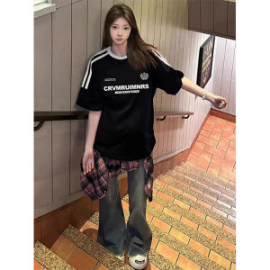 Áo Thun Tay Ngắn in Chữ Màu Đen Mùa Hè Rộng Rãi Cho Nữ Thương Hiệu Mỹ Thời Trang in Chữ Tay Lửng Thường Ngày Cotton