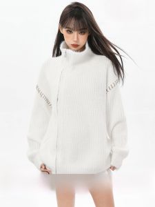 หนาขึ้น สองเท่า ซิป สูง ปกเสื้อ เสื้อสเวตเตอร์ถัก เสื้อโค้ท ผู้หญิง ฤดูหนาว ขี้เกียจ ปกตั้ง เปิด คาร์ดิเกน ฤดูใบไม้ร่วงด้านบน ฤดูหนาว