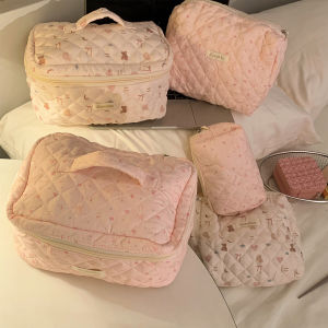 Cute Cartoon Large Capacity Portable Makeup Bag Womens Travel Toiletry Bag Storage Pouch Cosmetic Organizer Cotton Cubic Shape
