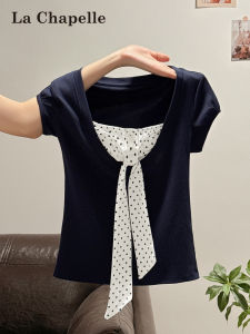 La Chapelle | Áo Thun Nữ Phong Cách Color Block Hai Mảnh Đốm Cổ Nơ Giúp Gọn Gàng