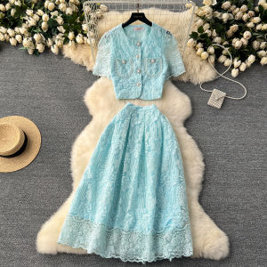 Elegant Lace Bubble Sleeve Shirt And Skirt Set Womens French Style High Waist Slimming Half-length Fashion Ensemble