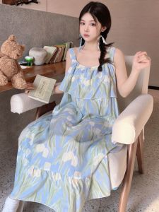 Váy Ngủ Dài Bằng Lụa Cotton Mùa Hè Cho Nữ Váy Ngủ Dài Đến Đầu Gối Không Dây Mặc Nhà Vải Cotton Nhân Tạo Mỏng