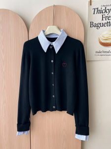 Áo Len Cardigan Dệt Kim Cổ Polo Kẻ Sọc Retro Thêu Hoa Giản Dị Dành Cho Nữ Xuân Thu Áo Khoác Ngoài Lót Cotton Phong Cách Đường Phố