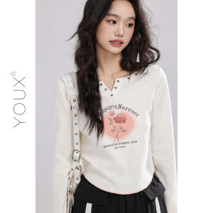 YOUXIANG | Áo Thun Nữ Dài Tay Ôm Body In Hoa Hồng
