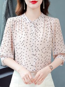 เสื้อเชิ้ตผ้าชีฟองพิมพ์ลายคอตั้งแขนยาวครึ่งตัวสำหรับฤดูร้อน เสื้อเชิ้ตผู้หญิงวัยกลางคน เสื้อเชิ้ตทรงหลวม สไตล์ลำลอง
