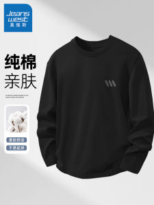 เสื้อยืดคอกลมแขนยาวผ้าฝ้ายแท้สีดำ Jeanswest สำหรับผู้ชาย ทรงหลวม สวมใส่สบาย เสื้อยืดคอกลมระบายอากาศได้ดี