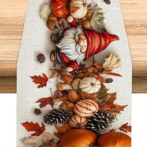 1 Piece of Autumn Dwarf Theme Table Runner Painted Red Hat Dwarf Pumpkin Nut Fallen Leaves Suitable for Restaurant Home Harvest Party Pastoral Market