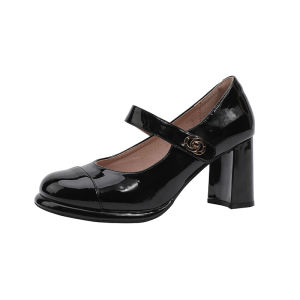 รองเท้าส้นสูง Mary Janes สีดำ รองเท้าส้นสูงแบบสวมหัวกลมสำหรับผู้หญิง รองเท้าแฟชั่นฤดูร้อน รองเท้าหนัง PU รองเท้าสวมสบาย