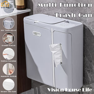 Vision Toilet Trash Can with Toilet Paper Holder Wall Mounted Garbage Can with Cover Living Room Slit Trash Can Anti-odor Bathroom Rubbish Bin with Phone Holder
