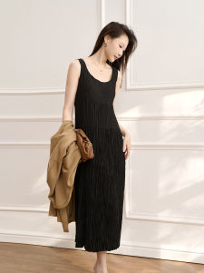 JPOO Slimming Paper Doll Long Vest Dress Pleated Fabric Loose Waist Polyester Fiber Spring Season H-Shape Solid Color Crew Neck
