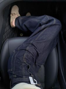 กางเกงยีนส์ทรงตรงสีน้ำเงินเข้มสไตล์ย้อนยุคสำหรับผู้หญิง กางเกงขายาวทรงหลวมเอวสูงทรงหลวมสบาย ๆ ทรงสลิมฟิต กางเกงยีนส์ทรงหลวม