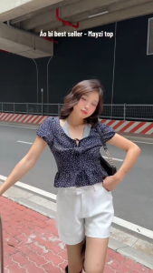 HÌNH THẬT Áo xanh navy chấm bi phối thun xám cổ tròn phối yếm cột nơ tay ngắn bồng đuôi xoè bo chun lưng chất dày dặn hàng QC cam kết nhận hàng như hình/ video shop tự quay MAYZI TOP